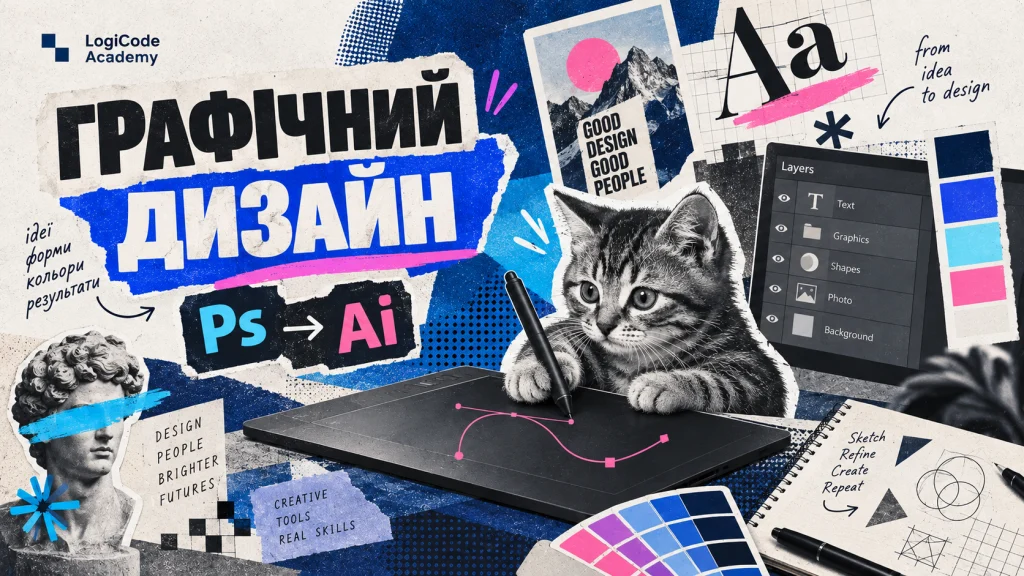 Кошеня малює на графічному планшеті серед дизайнерських макетів