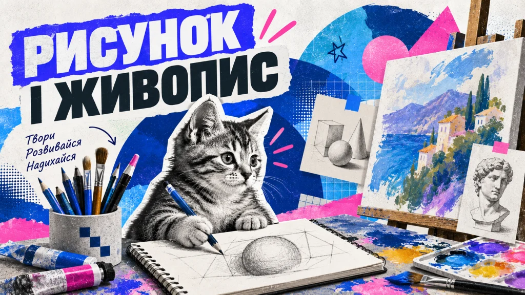 Кошеня малює натюрморт поруч із фарбами та полотном