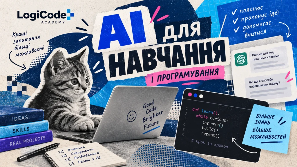 Кошеня навчається програмуванню з AI за ноутбуком