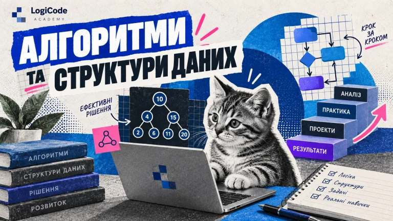 Кошеня вивчає алгоритми й структури даних за ноутбуком