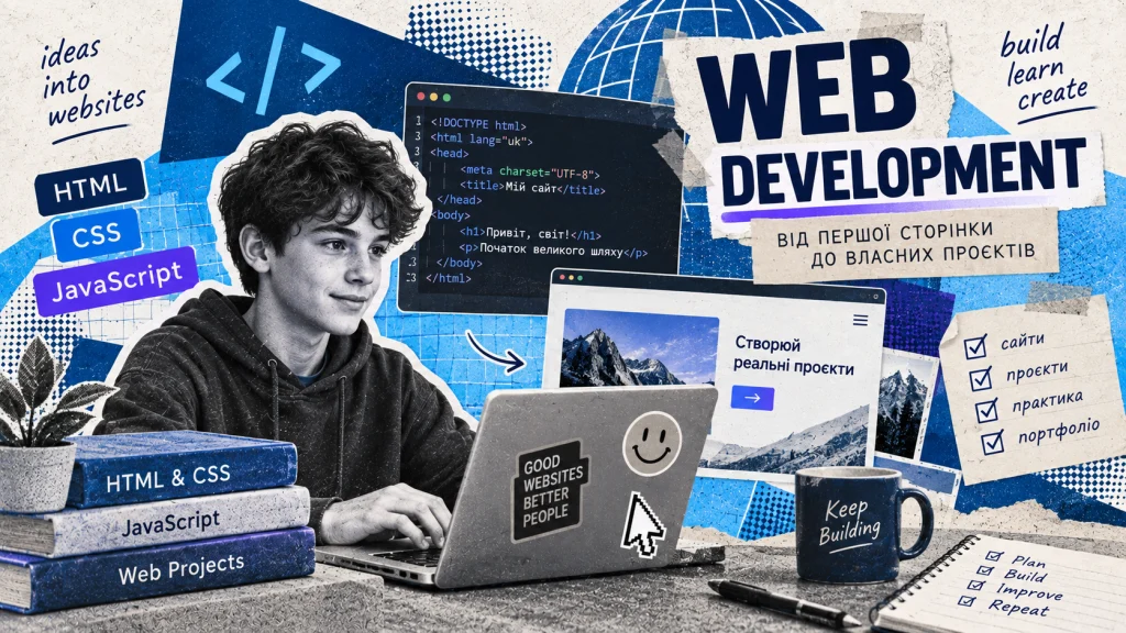 Підліток створює вебсторінку з HTML, CSS і JavaScript