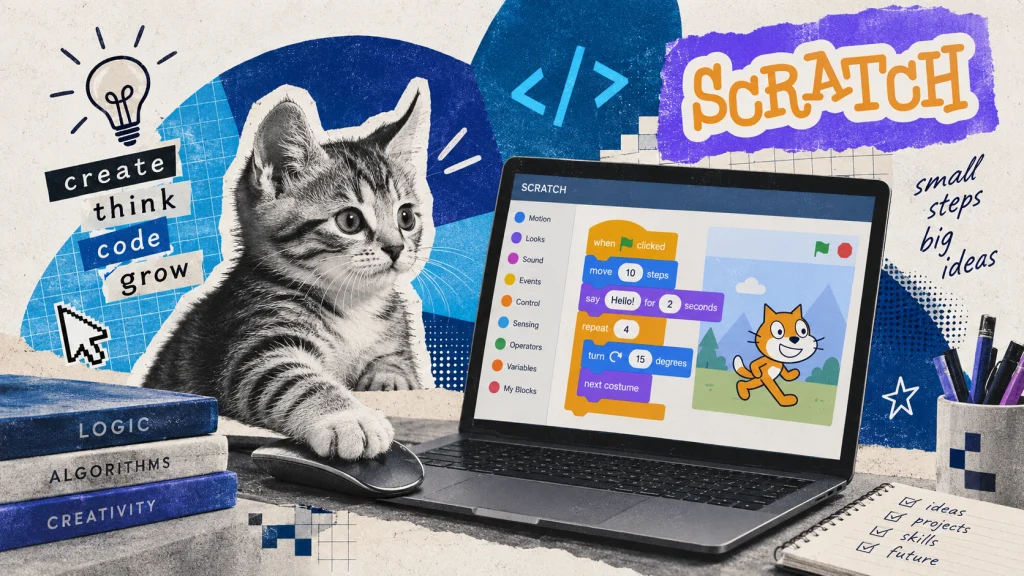 Кошеня працює у Scratch на ноутбуці