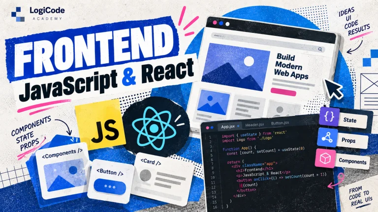 Колаж із JavaScript, React, компонентами та макетами вебінтерфейсу